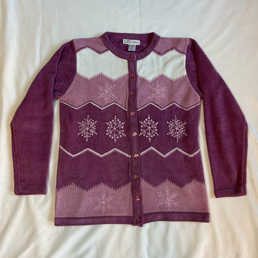 Dressbarn‎ Purple and Cream Snowflake Cardigan Size Medium